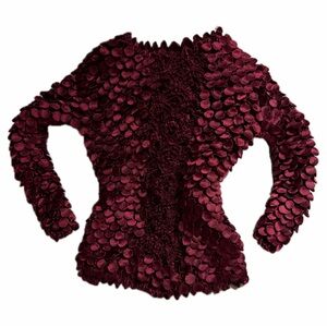 Red Satin Smocked 3D Textured Bubble Top Statement Blouse